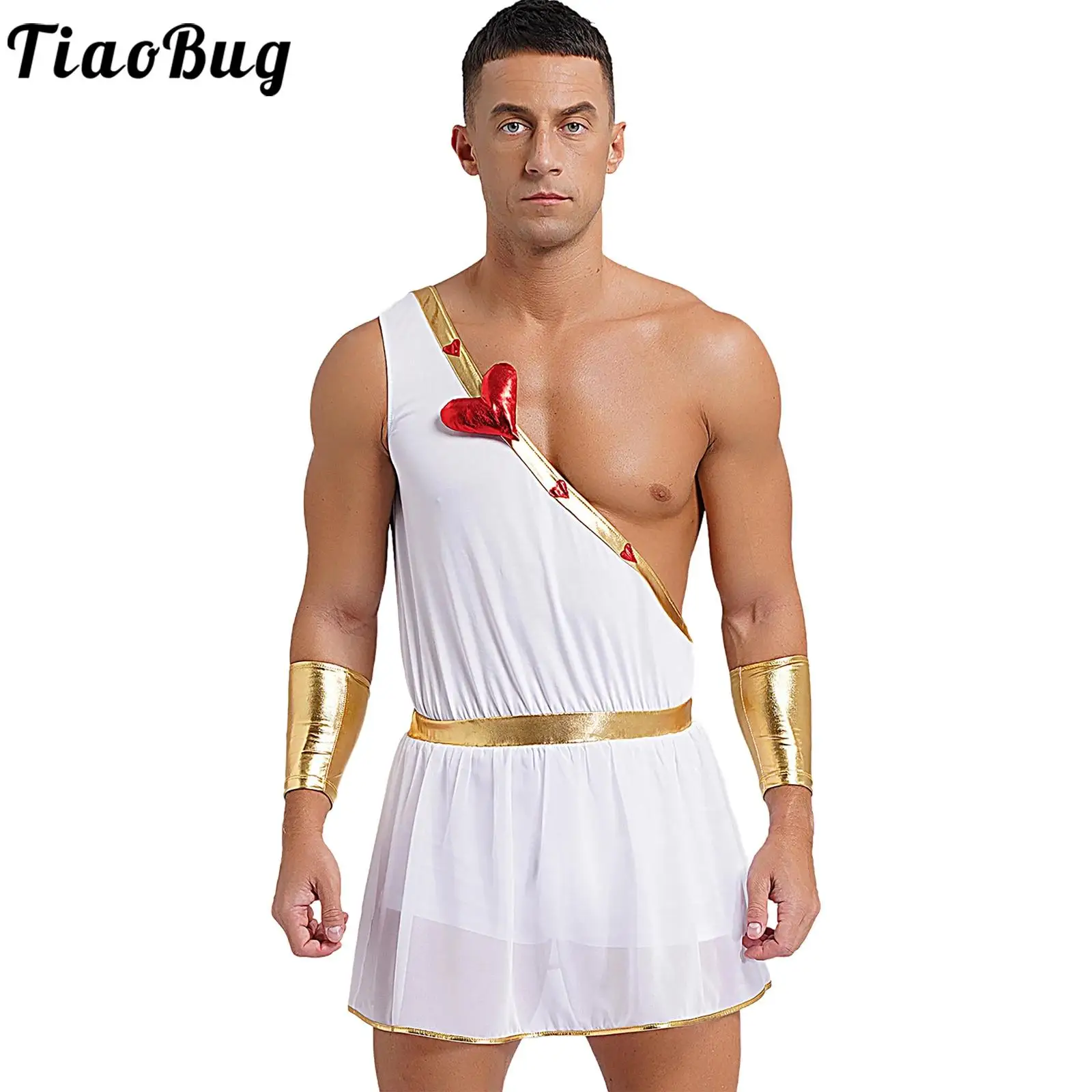 

Sexy Mens Ancient Greek God Armor Toga Jumpsuit Soldier Knight Warrior Cupid Halloween Cosplay Costume Heart One Shoulder Romper