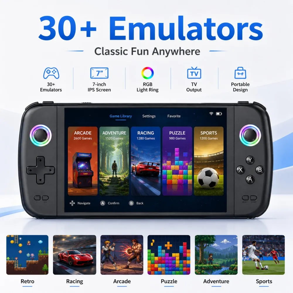 

Reebolnic M27 Retro Handheld Game Console 7 Inch IPS Screen 4000mAh Battery 30+ Simulators Built-in 30000+ Games