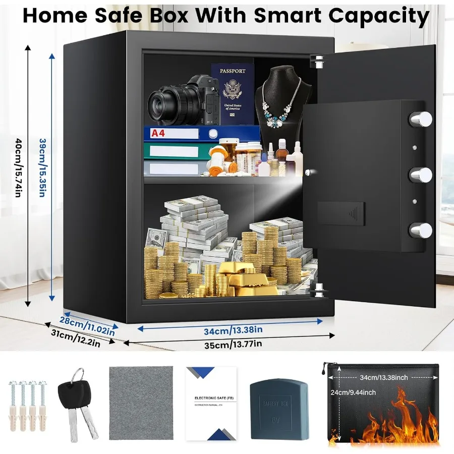 Large Home Safe Box Fireproof Waterproof with A4 Fireproof Bag and Backlit Keypad 2.4 Cu Ft Antitheft Fireproof Safe with Remov