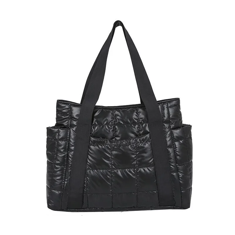 Zimowe torby, torby kosmiczne, wyściełane torby damskie na ramię, zimowe torby o dużej pojemności, designerskie torby nylonowo-bawełniane, ciepłe torby typu tote, jednolite. — zdjęcie 2