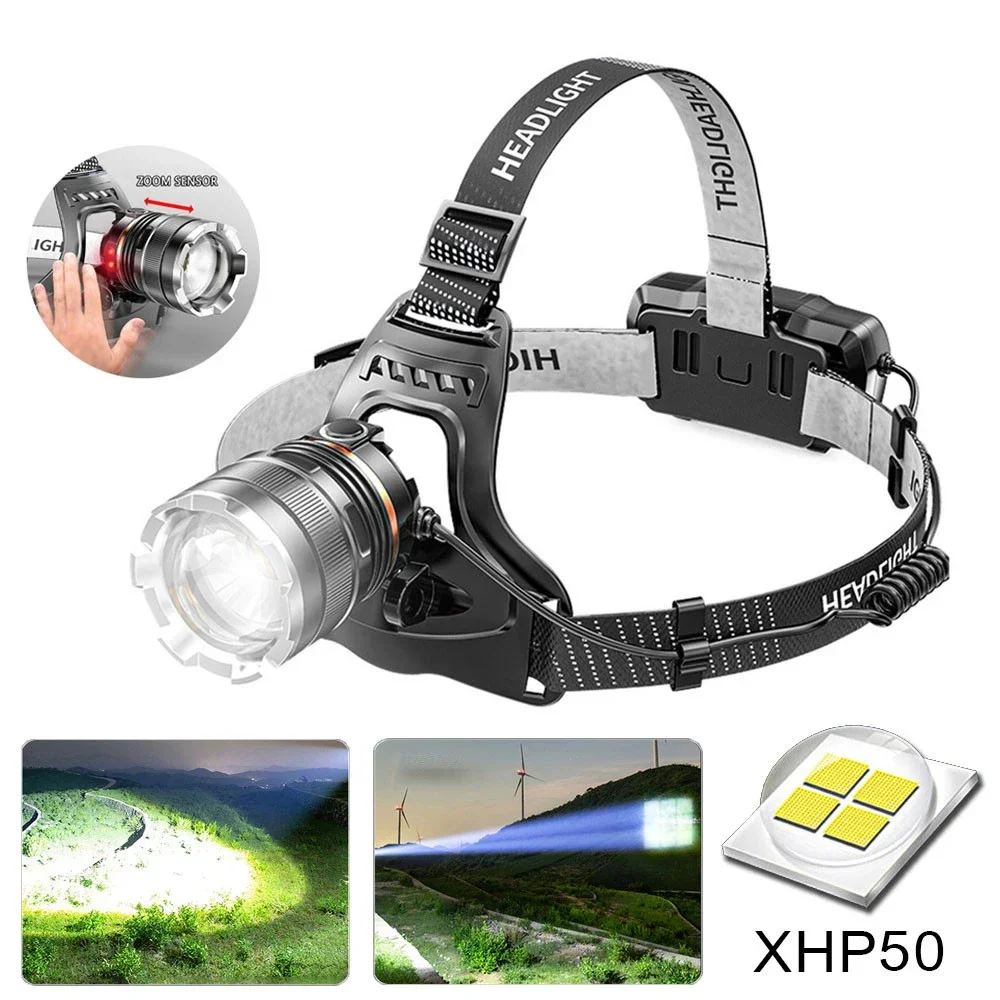 Linterna frontal con Sensor LED XHP50, faro impermeable, recargable, para pesca, búsqueda, Camping, Zoom