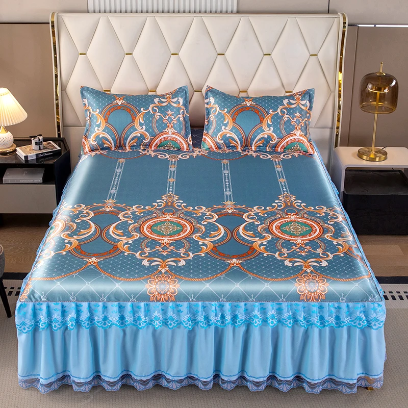 Luxury Floral Bed Skirt Summer Lace Cool Mat Breathable Soft European Style Bedding Set for Bedroom Dorm Room Machine Washable