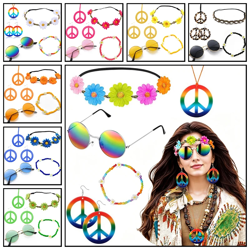 conjunto-de-fantasia-hippie-estilo-anos-60-e-70-Oculos-circulares-colar-com-simbolo-da-paz-faixas-de-cabelo-com-margaridas-e-girassois-acessorios-para-mulheres-em-estilo-retro