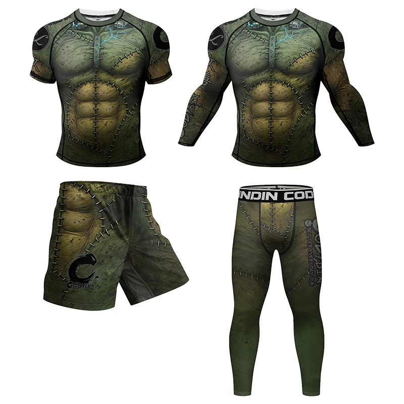 Green Print Compression Fitness Wear Men Adults MMA Shorts Grappling Leggings +Bjj Rashguard With Rubber Sportsuits