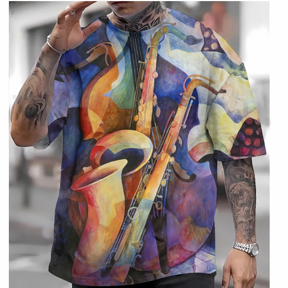 Saxophone Print Men\'s T-Shirt Summer Casual Short Sleeve T-Shirt Men Clothing Quick Drying Pullover Retro Oversized Tees For Men