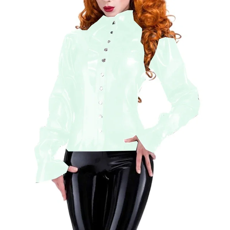 Shiny PVC women sexy turn-down neck ruffle shirt circular cuff long sleeves skinny shirts blouse elegant office lady