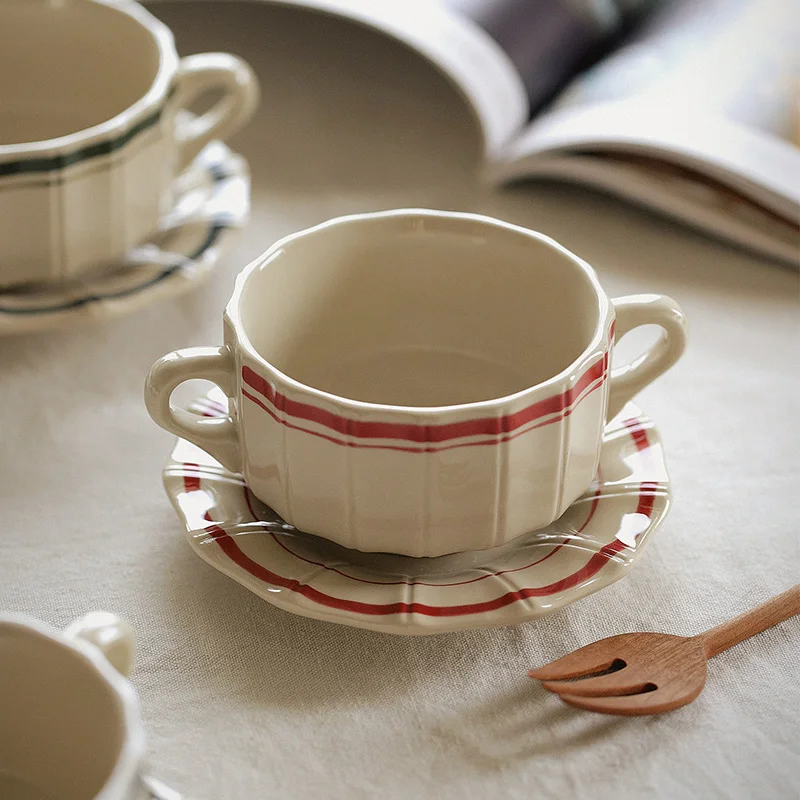 

French Coil Ceramic Double Ear Bowl Anti Scalding Fruit Salad Pudding Bowls with Snack Plate Home Dessert Shop Tableware