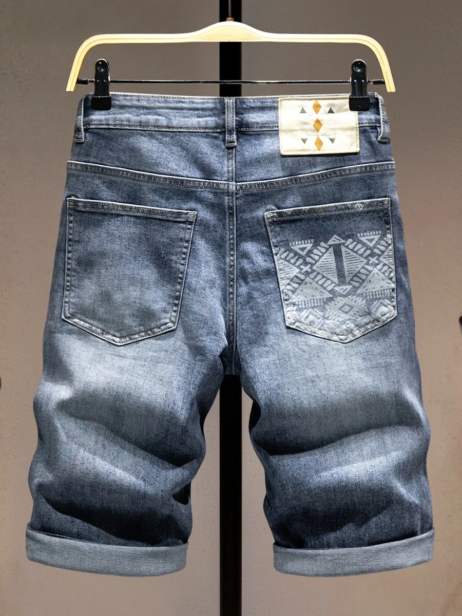 

Летние тонкие джинсы премиум-класса с принтом, мужские, модные, брендовые, облегающие, эластичные, универсальные, повседневные, стильные, длиной до колена