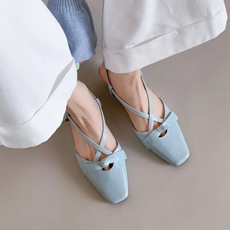 Arden Furtado 2025 Summer cowhide sweet bowknot Closed toe Sandals Square toe Low heel Back Strap Modern Sandals Large size