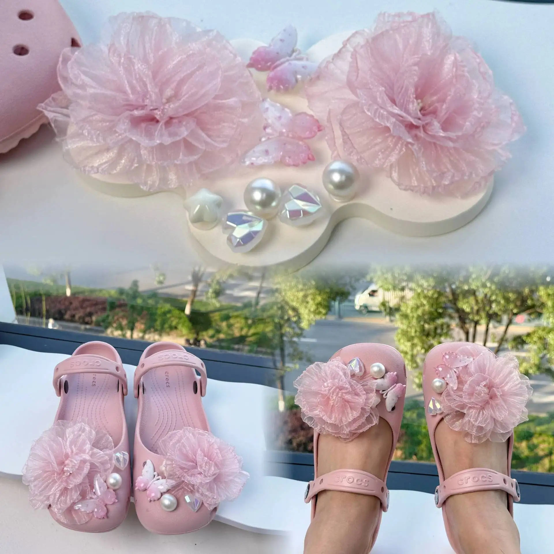 Elegant Korean Chiffon Flower Clog Decorations Women Sweet Pearl Crystal Ballet Charms Set Woman Adjustable Shoe Accessories