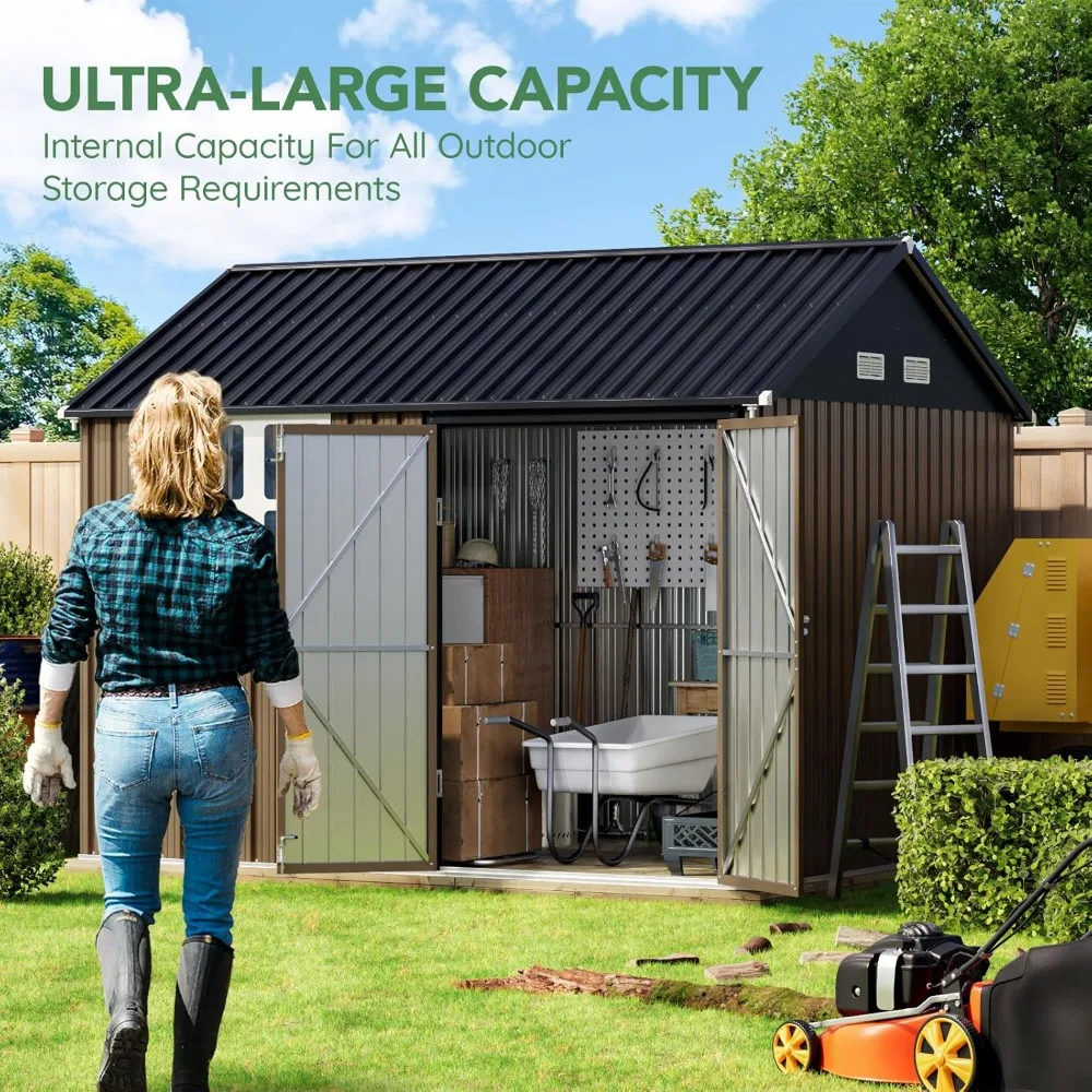 10X8FT Outdoor Steel Storage Shed with Lockable Doors, One Big Window,Ideal for Garden, Backyard, Patio Storage,Brown