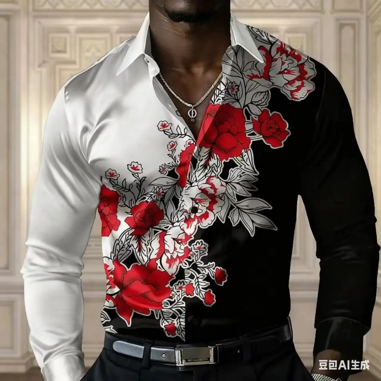 

New men's 3D floral print pattern shirt, men's fashionable casual long sleeved shirt, comfortable, lapel, button, plus size shir