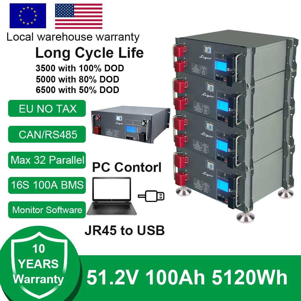 

EU Stock ! Duty-free LiFePO4 48V 100Ah Battery 51.2V 5.12Kw 6000+ Cycles & 10-Year lifetime, Built-in BMS, RV, Solar, Off-Grid