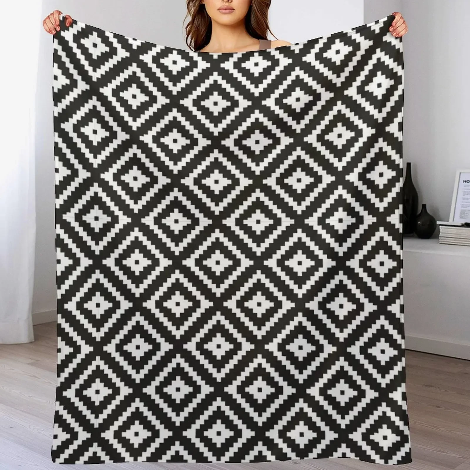 Aztec - White on Black Throw Blanket Travel Size Cozy Blanket for Plane Train