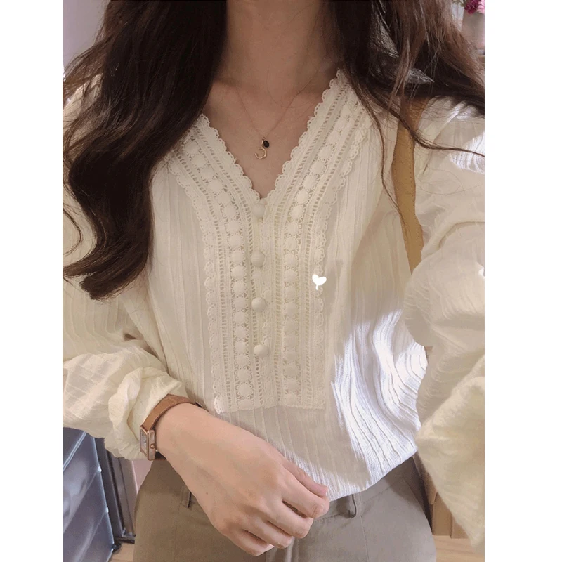 Summer Elegant Lace Blouse Fashion Women New Long Sleeve Loose Casual Shirt Ladies Office Spring V Neck Female Tops 8225