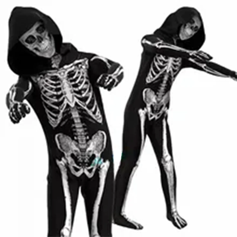 Halloween Zombie Crânio Cosplay Traje para Crianças, Máscara Esqueleto, Horror Esqueleto Imprimir Macacão, Carnaval Festa Temática Bodysuit