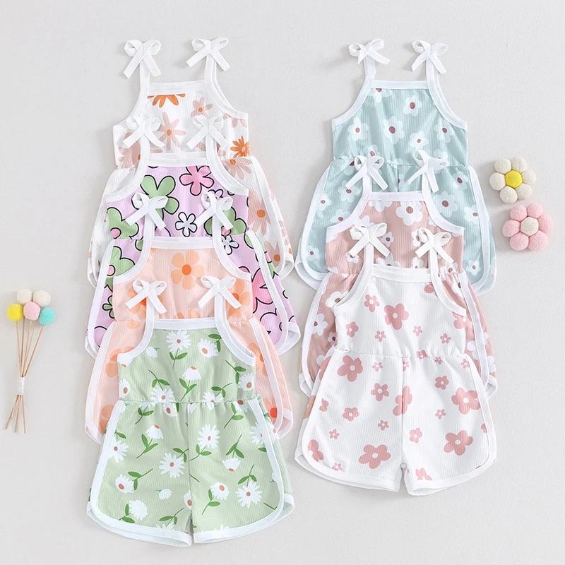 Little Girl Cami Romper Sleeveless Square Neck Flower Print Tie Up Spaghetti Strap Jumpsuit Infant Baby Toddler Clothes