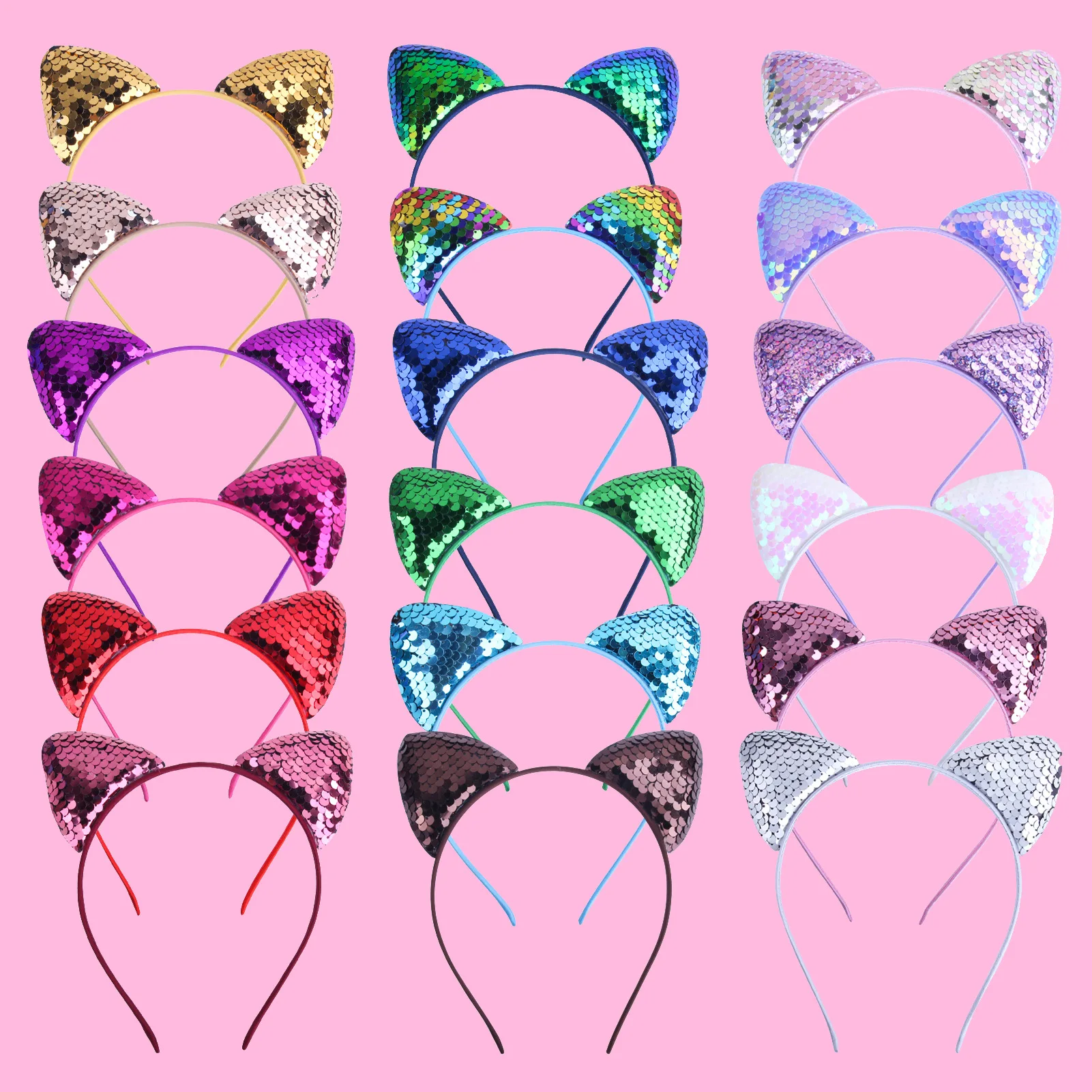 Cat Ear Headbands Reversible Shiny Sequin Hairband Women Girl Hair Hand for Halloween Cosplay Party Daily Wearing Hair Hoops
