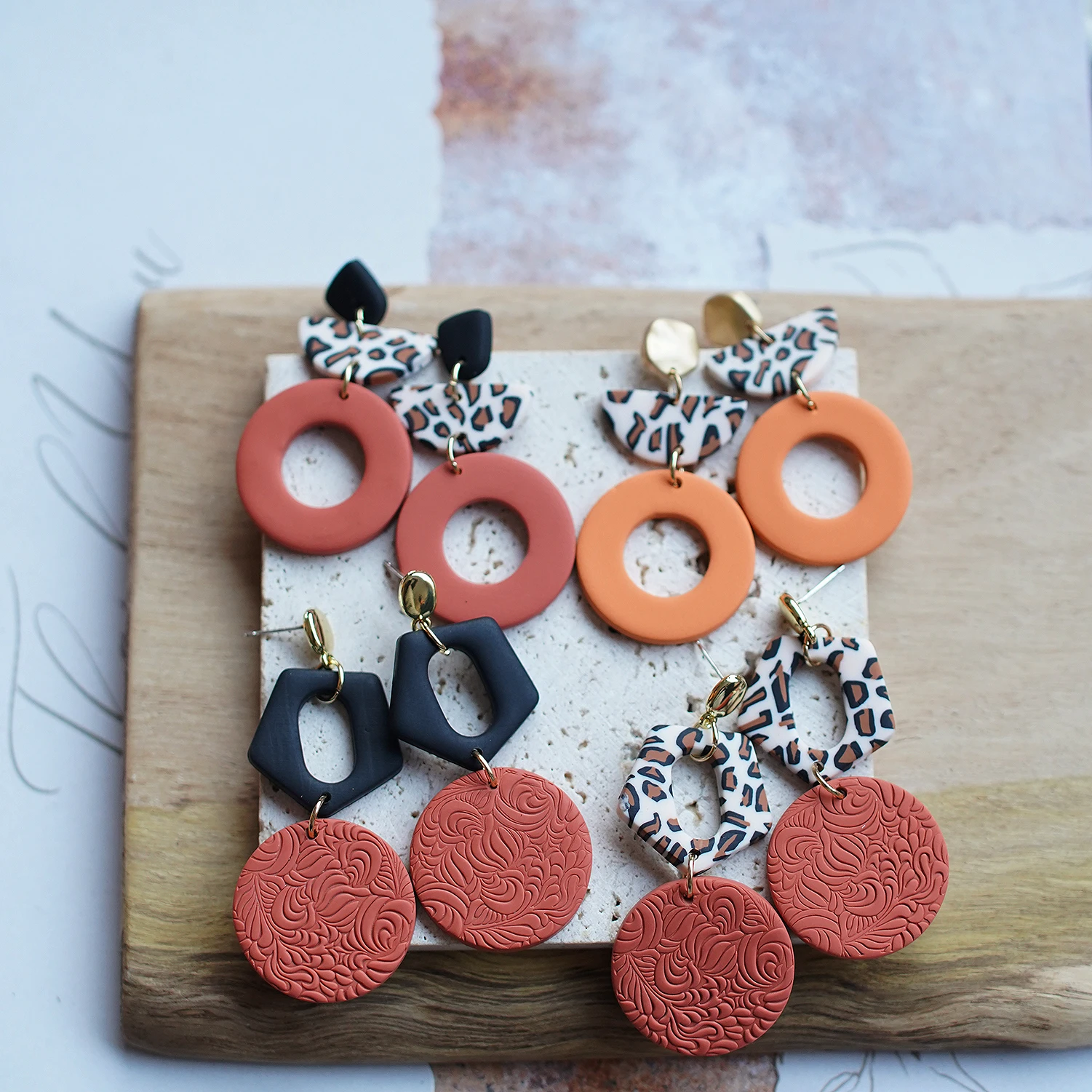 Conjuntos de pendientes colgantes con anillo de arcilla polimérica hechos a mano con estampado de animales de leopardo a la moda, accesorios para mujer, regalos para fiesta de Safari