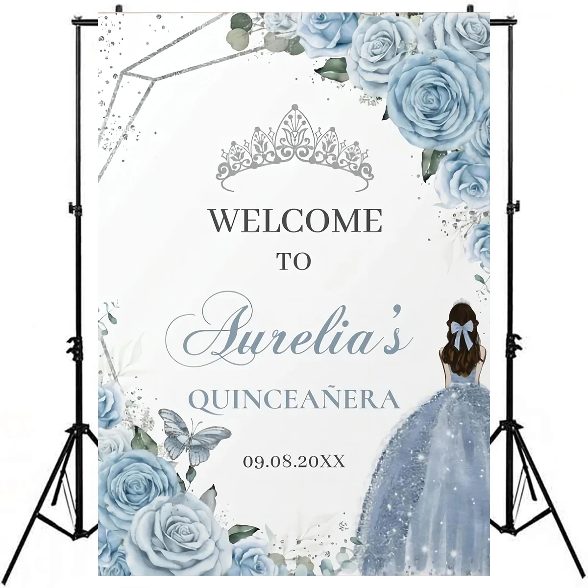 Pastel Blue Floral Quinceañera Invite Backdrop Editable Pink Dress Girl Wedding Invitation Silver Crown Flower Photography Party