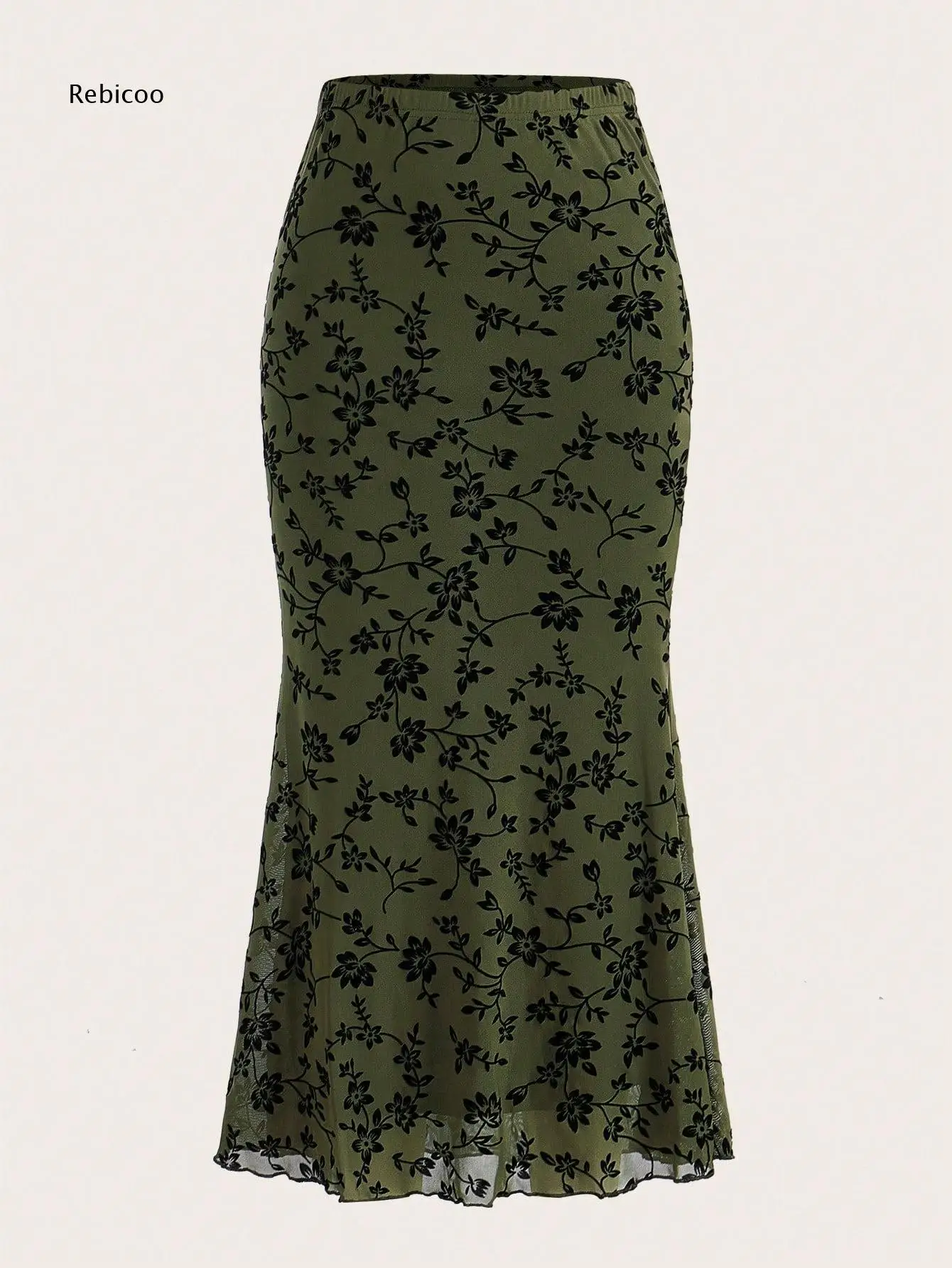 Mermaid Hem Maxi Skirt In Floral Flocked Mesh For Women High Waist Design For Urban Commute And Semi Formal Events