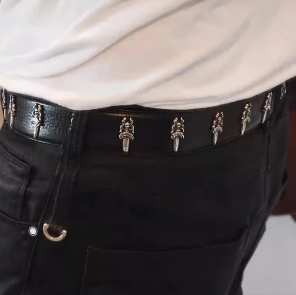 Genuine leather carved roller hollow punk light luxury waist belt and pants belt-Black [108cm]