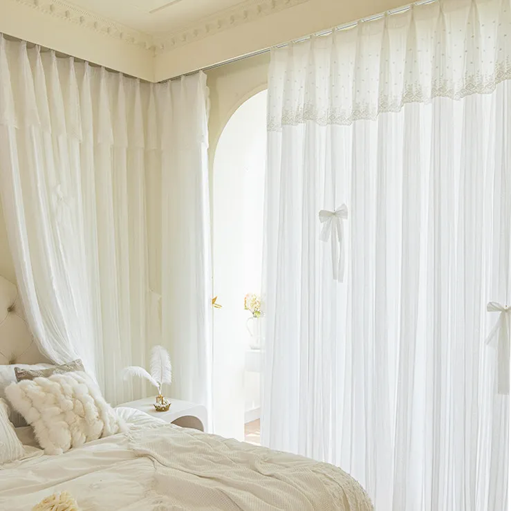 

Romantic French-Style Double Layer Curtain Lace Sheer + White Cloth Curtain for Princess Bedroom Living Room Windows