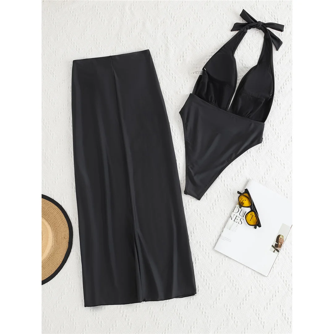 S - XL, mit Rock, tiefem V-Ausschnitt, Neckholder, einteiliger Badeanzug, Damen-Badebekleidung, Damen-Monokini, rückenfreier Badeanzug, Badeanzug, Modell V6556. – Detail 8