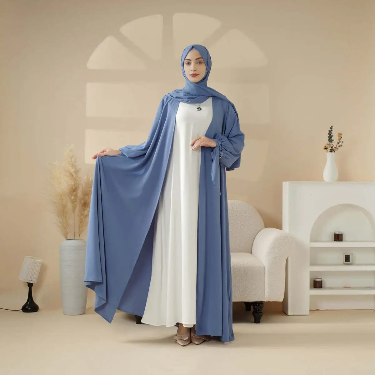 Uni muçulmano cor sólida gravata cintura modesta aberta abaya elegante feminino maxi comprimento vestido roupas islâmicas sem interior sem hjiba