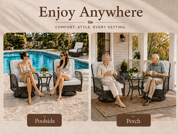 Relaxing Outdoor Swivel Gliding Wicker Chair Collection, Beige Plush Padded Cushions, PE Rattan Rocking Patio Furniture With Tempered Glass Top Side Table, All‑Weather Comfort Seating Group, 3‑Pieces For Yard, Terrace, Porch, Poolside