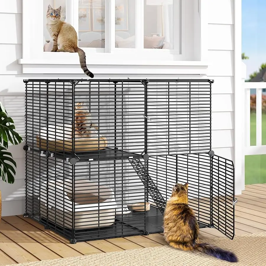 

DW O Cat Cage 2 Tier Indoor: Cat Enclosures DIY Kitten Cage Pet Playpen Metal Kennel for 1-2 Kitty Ferret Chinchilla Rabbit Squi