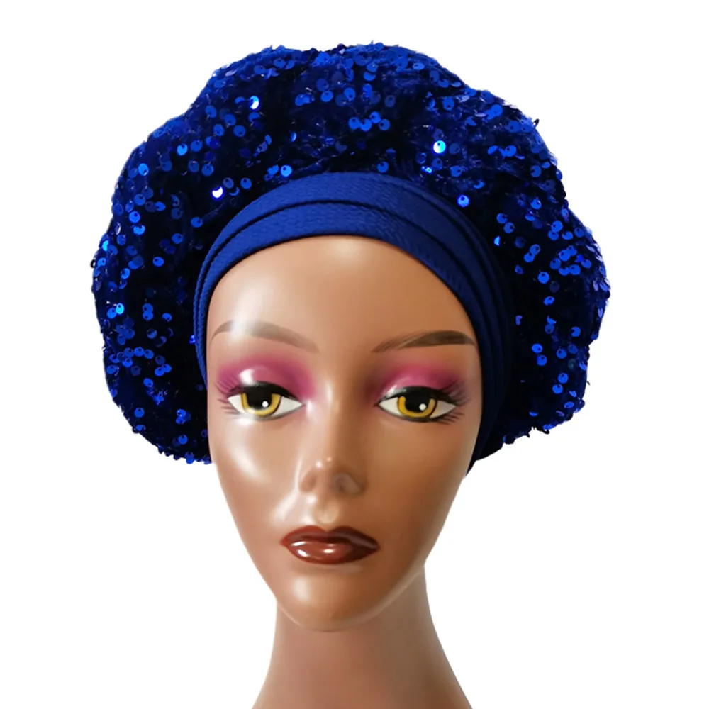 

New Lovely Sequins Braids Women African Turban Cap Sequins Ladies Head Wraps Bonnet Nigeria Headtie Already Made to Auto Gele