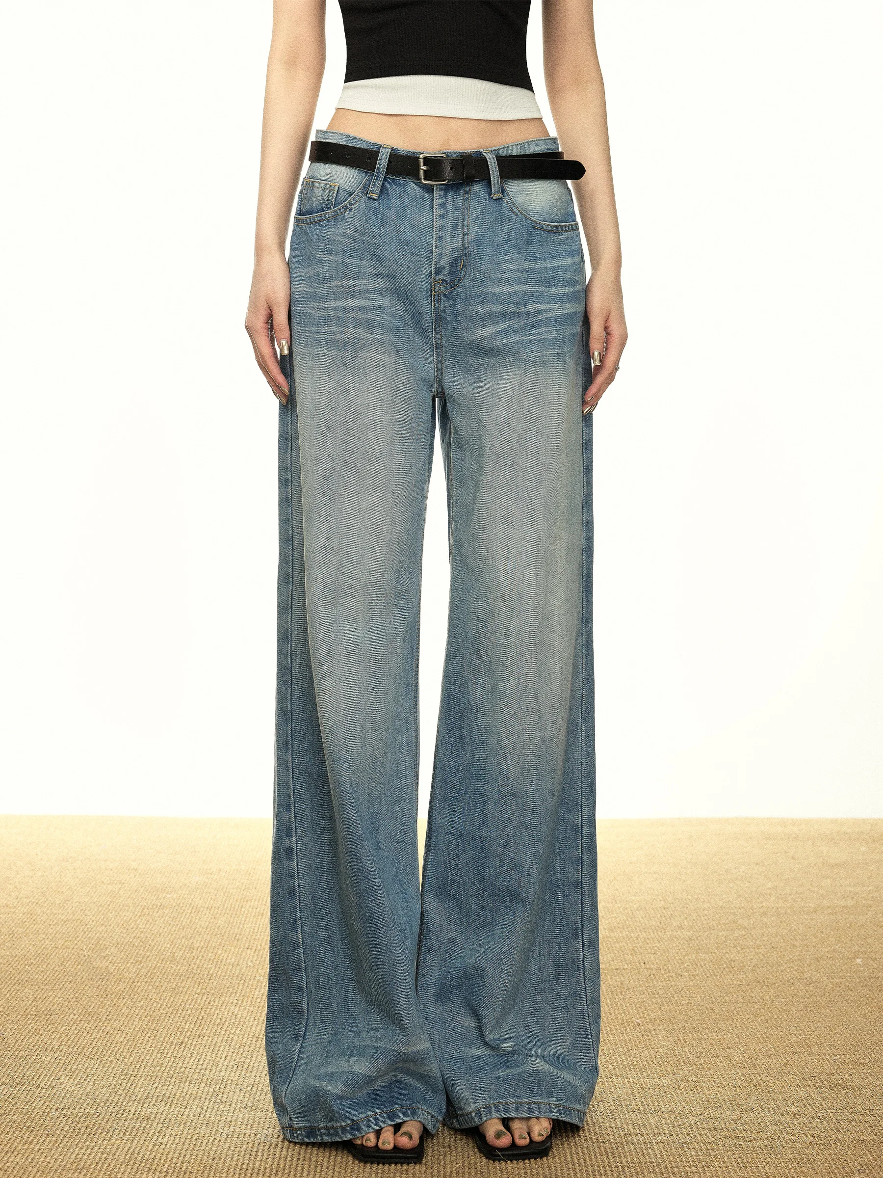 

Aaisup синие прямые джинсы с низкой талией, женские весенне-осенние тонкие брюки длиной до пола в стиле ретро, High Street Sle