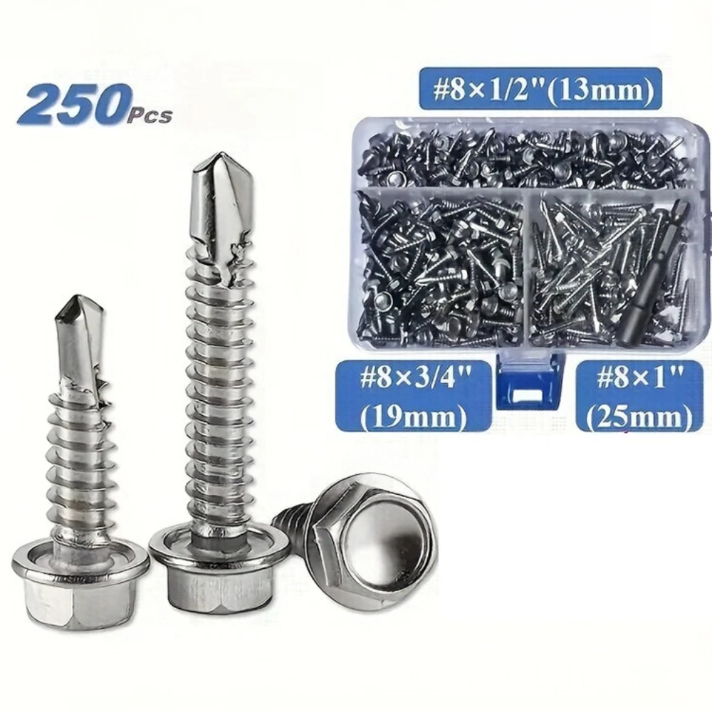 250 قطعة مسدس فاسر الحفر الذيل الذاتي التنصت المسمار صندوق 13 مللي متر 19 مللي متر 25 مللي متر الفولاذ المقاوم للصدأ الخارجية سداسية الحفر الذيل المسمار مجموعة