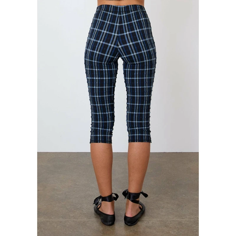 Womens Y2K Vintage Solid/Plaid Textured Pattern Cropped Leggings Elastic High Waist 3/4 Length Slim Pants with Side Split Hem