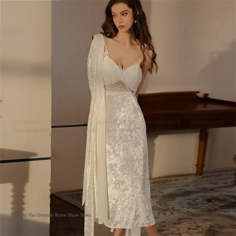 

Кружевная ночная рубашка с вырезами, сексуальная бархатная женская ночная рубашка из 2 предметов, комплект нижнего белья, элегантное велюровое длинное домашнее платье, ночная рубашка