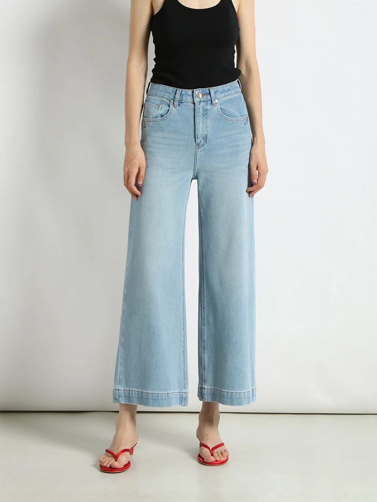 

Women's Summer Casual Loose Straight Leg Jeans Thin Four-way Elastic Wide Leg Casual Pants Light Blue Nine-point Flared Trousers
