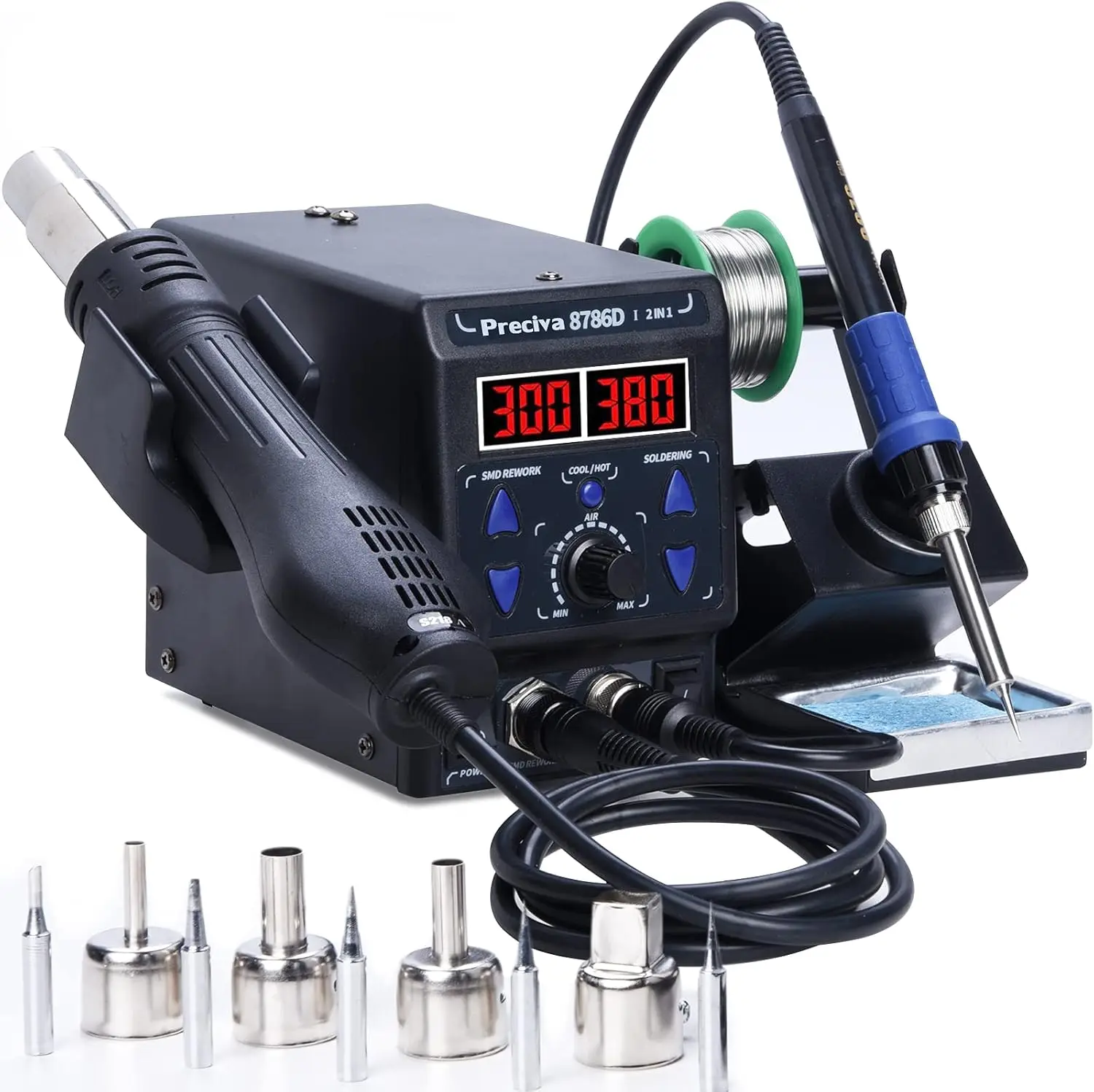 

2-in-1 Hot Air Soldering Iron Station Kit with Dual LED Display, 5 Tips & 4 Nozzles for Electronics Repair