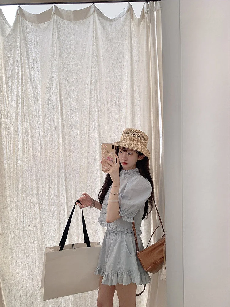 

l Sle 00% Cotton irt Set for Girls Summer Breathable Loose Fit ort Sve Button up Pure Color French Sle