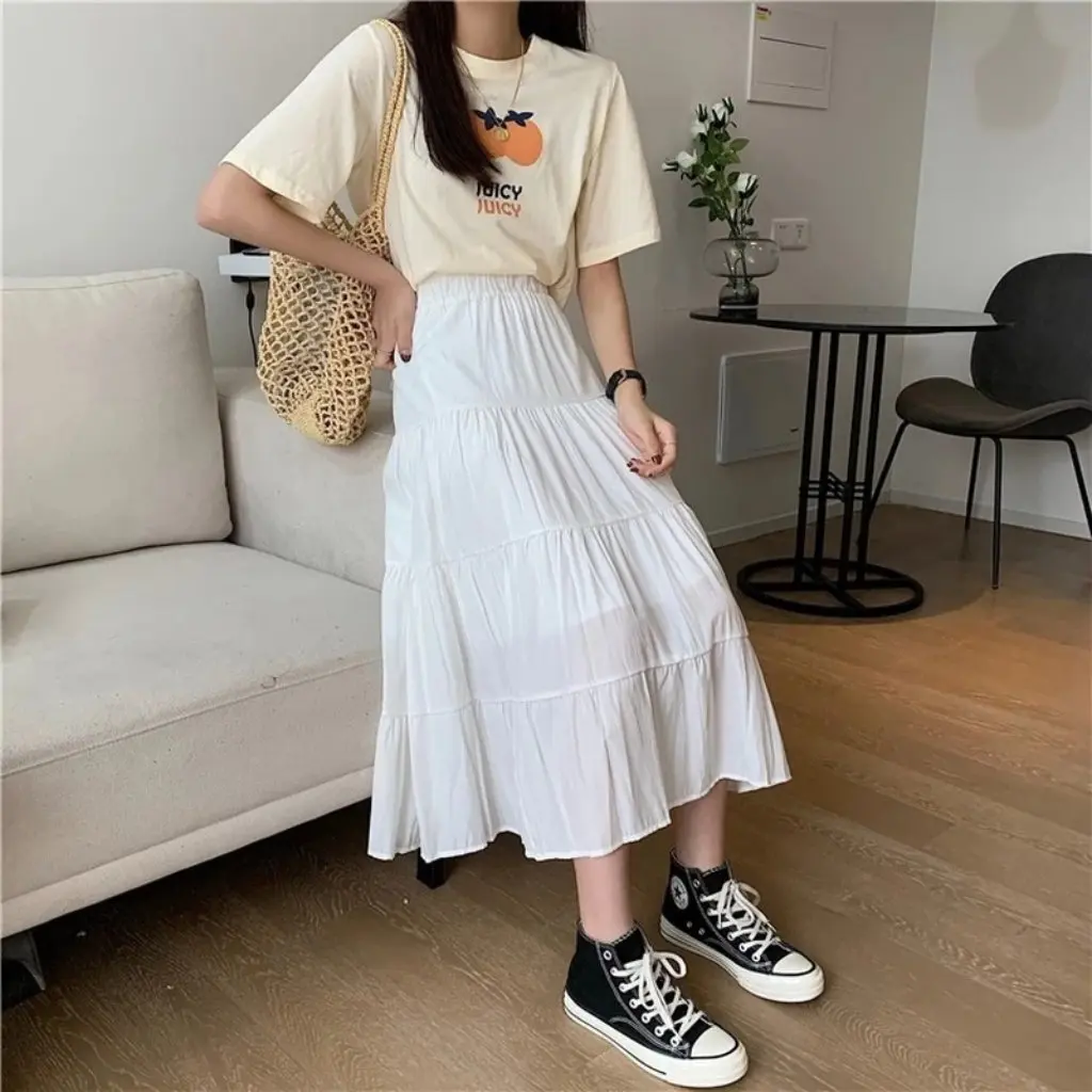 

Summer High Waist A-Line Skirt Artistic Long Fresh Stitching Cotton Linen Casual All-match Large Swing Skirt for Women