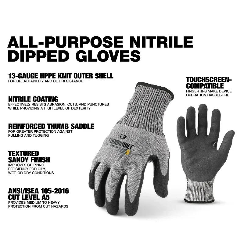 Toughbuilt TB-P2-112-5-L Ultra Abrasion Resistant, Cut Resistant, Touch Screen Nitrile Gloves , Protective Work Glove Protector