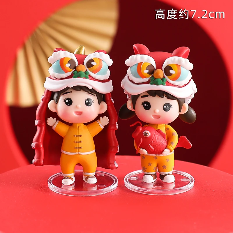 New Year\'s Baking Cake Topper Lion Dance Koi Boy Girl Doll Cake Decoration 2024 New Year Festive Red and Gold Happy Birthday