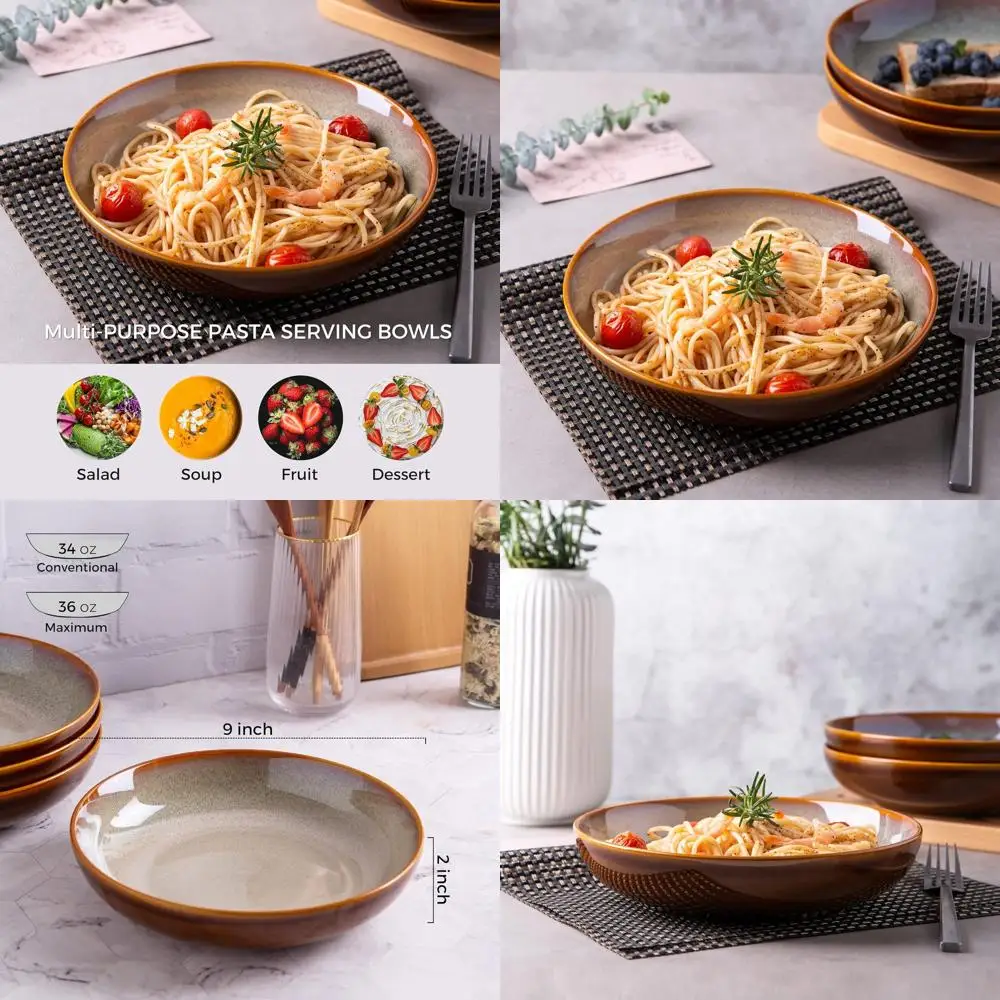 

9 Set of 6 Reactive Glaze Pasta Bowls, 38oz, Microwave & Dishwasher Safe, Oven Safe, Wide Serving for Pasta, Salad, Fruit - Scra
