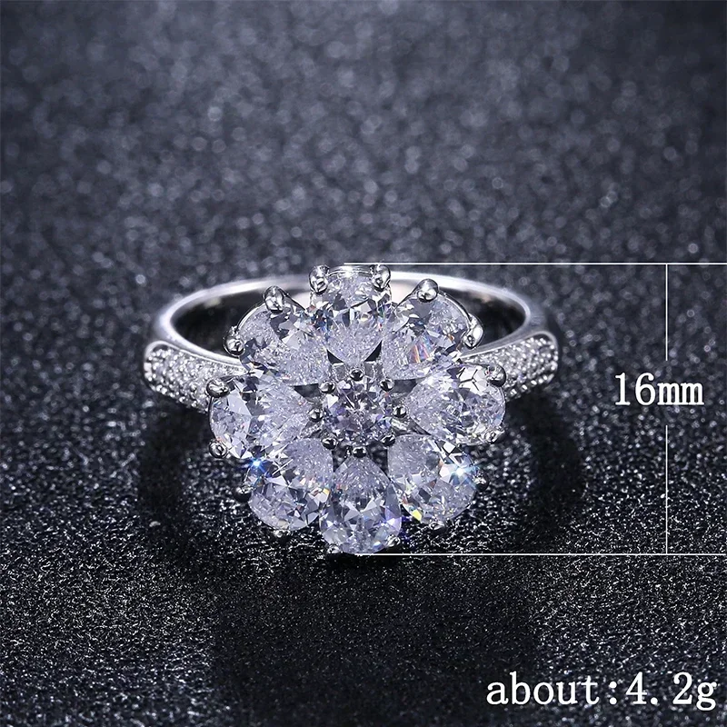 خاتم زهرة فضي اللون للنساء لامعة مكعب زركونيا حفل زفاف رومانسية سيدة الأزياء والمجوهرات