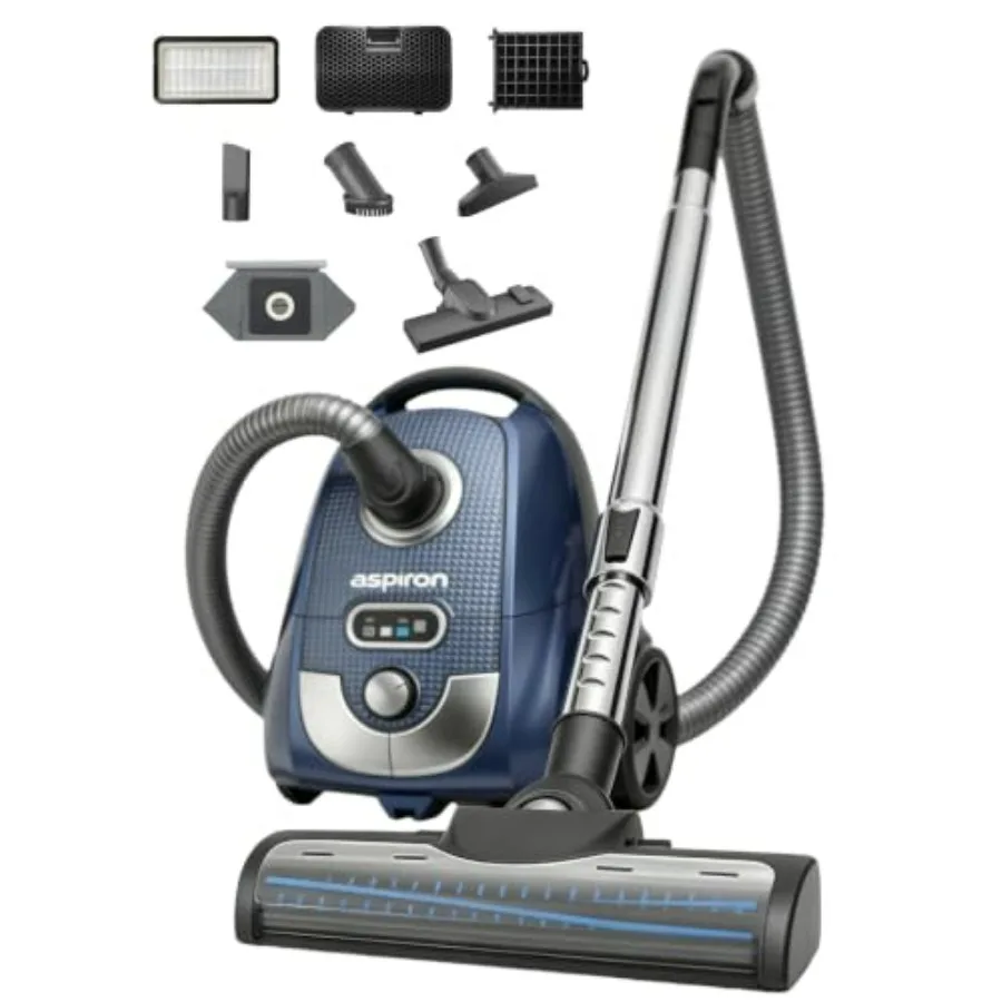 Canister Vacuum for Carpets Hardwood Floors Stairs Pet Hair Household Car, 1600W/40Kpa Bagged, 4QT Dust Bag, H13 HEPA Filter, 5