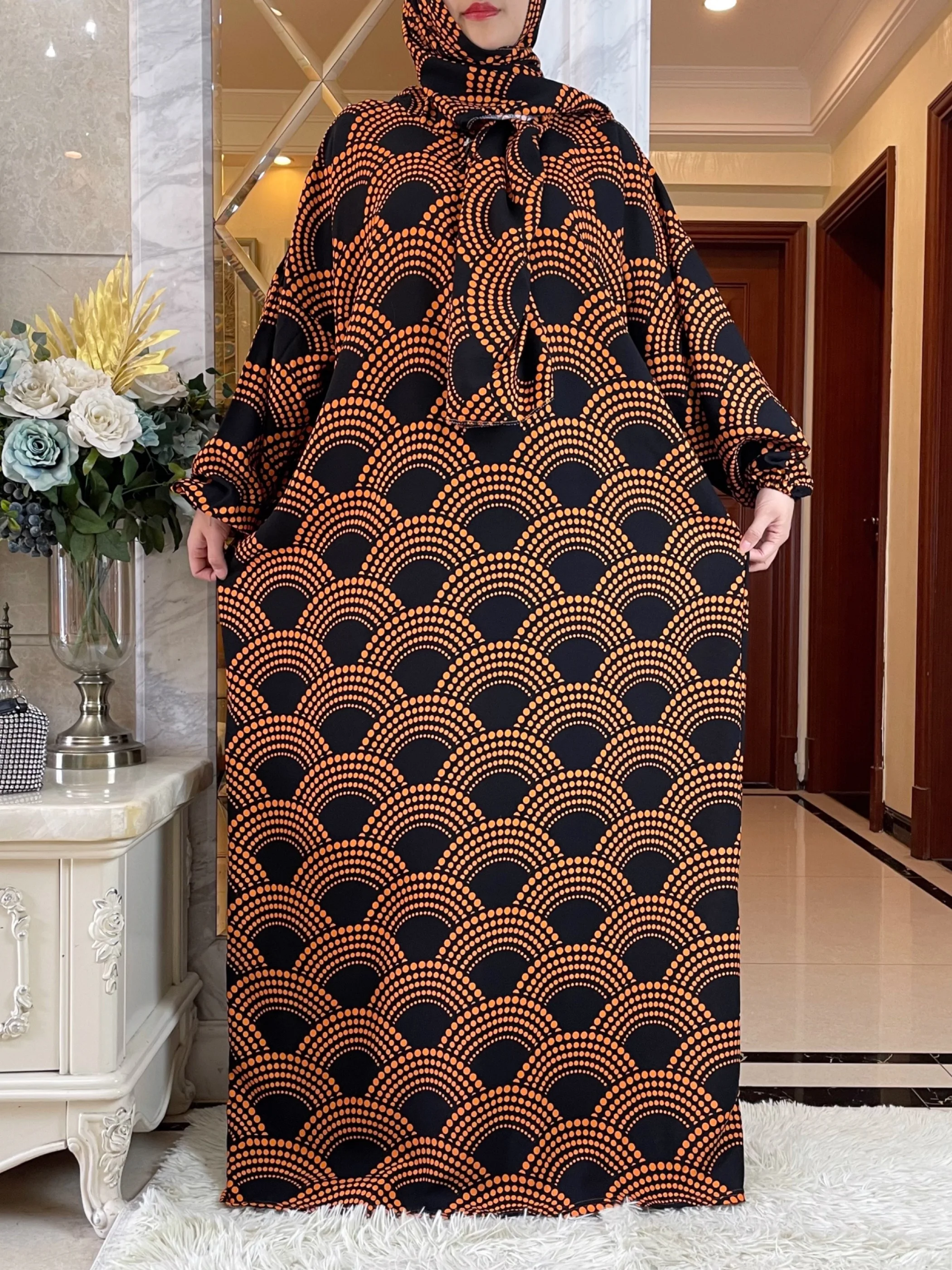 

2024 Muslim Cotton Abaya For Women Ramadan Prayer Dubai Turkey Middle East Femme Robe Floral Loose African Dress Turban Joint