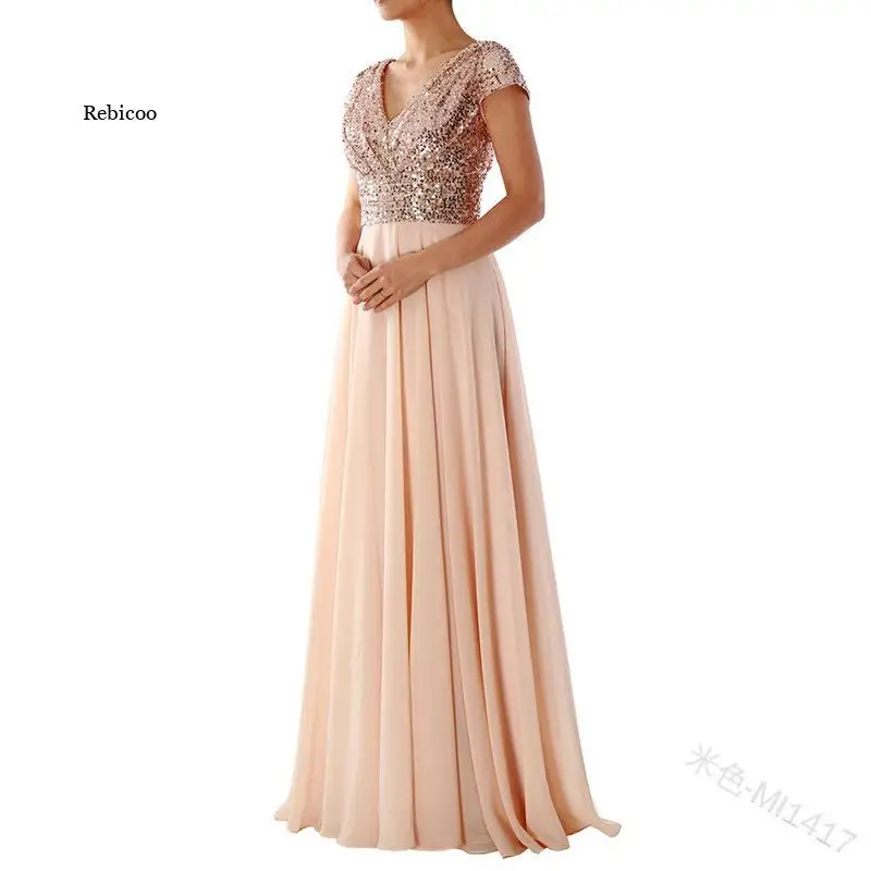 Chiffon Stitching Evening Dress Long Graduation Women V-Neck Sequins Beige Black Purple Wedding Pary Prom Dresses Girls