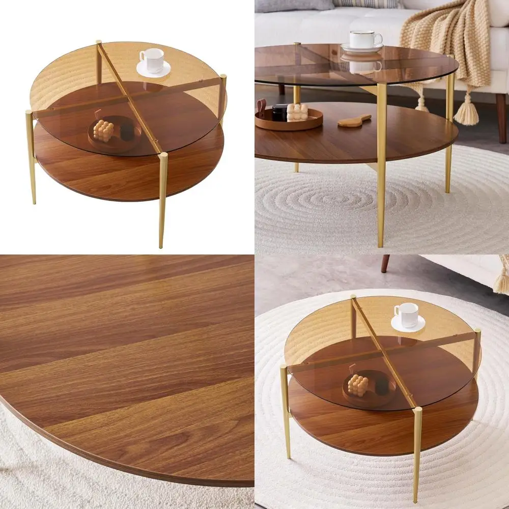 

Двухуровневый журнальный столик середины века, высота 30 x 17, столешница из янтарного стекла, полка из орехового дерева, золотые металлические ножки