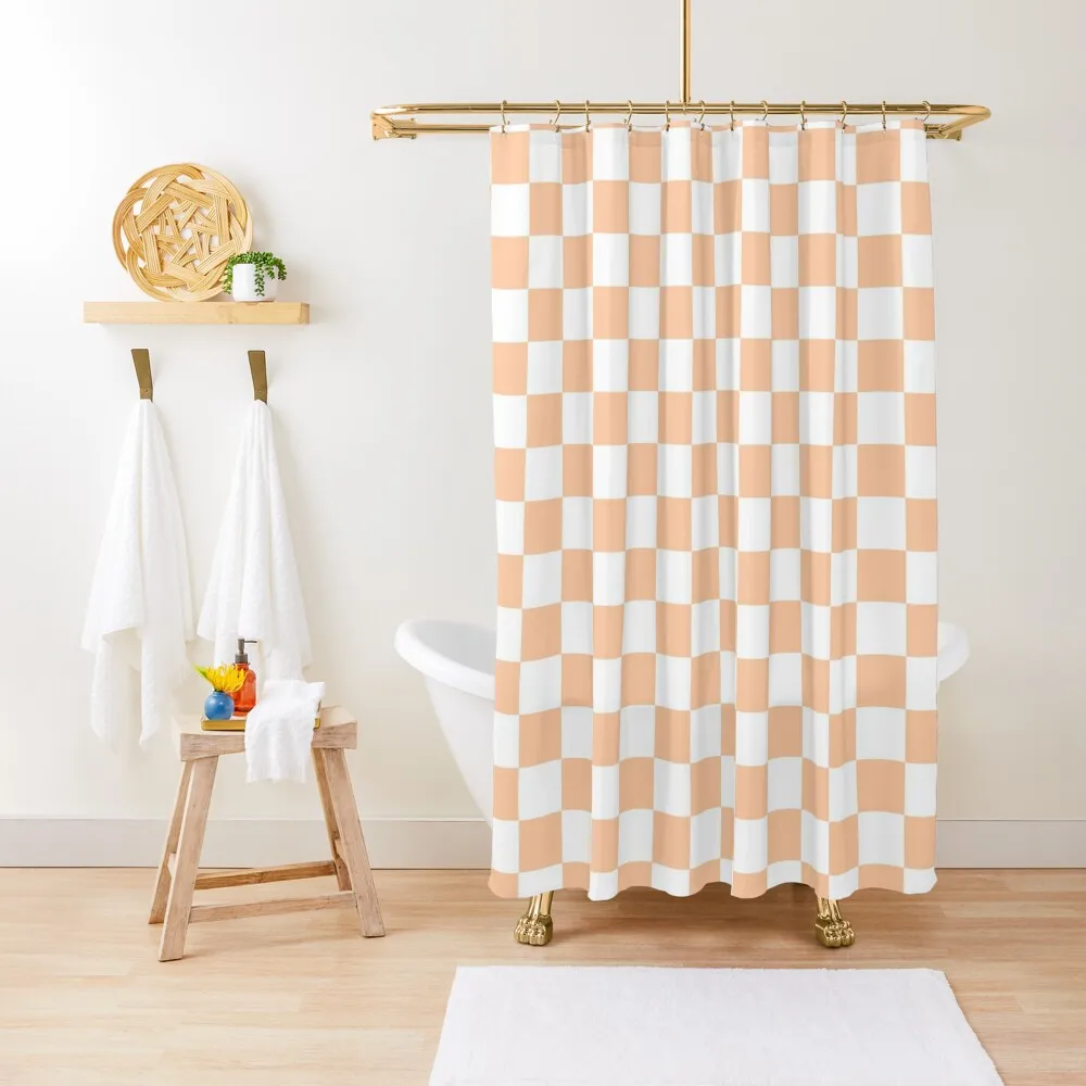 

White and Deep Peach Orange Checkerboard Shower Curtain Bathroom For Shower Waterproof Shower Curtain