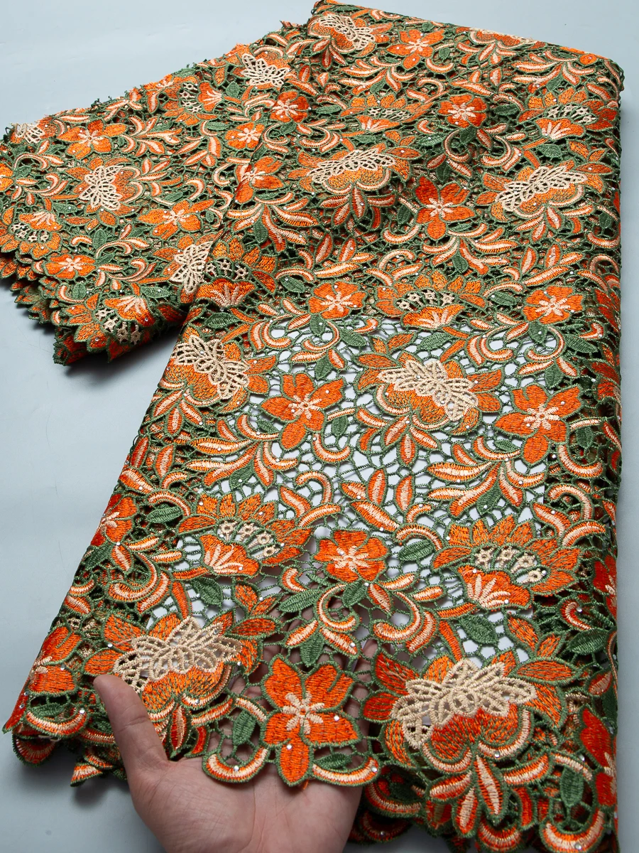 Orange-Grüner Kordel-Spitzenstoff Blumenstickerei Guipure Pailletten-Spitzenstoff Afrikanischer Hochzeitskleid-Stoff